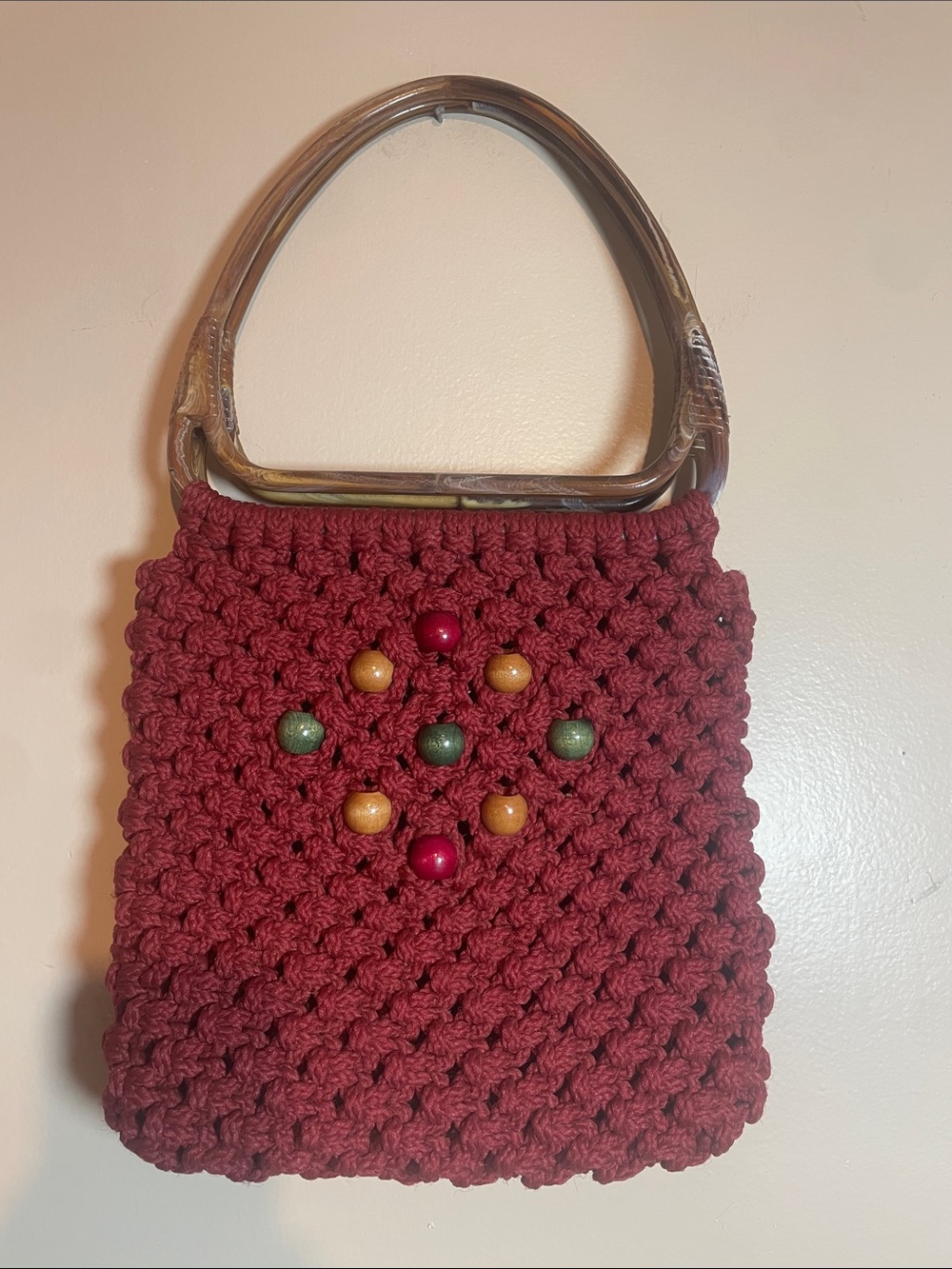 Handcrafted Maroon Crochet Tote Bag with Wooden Handles